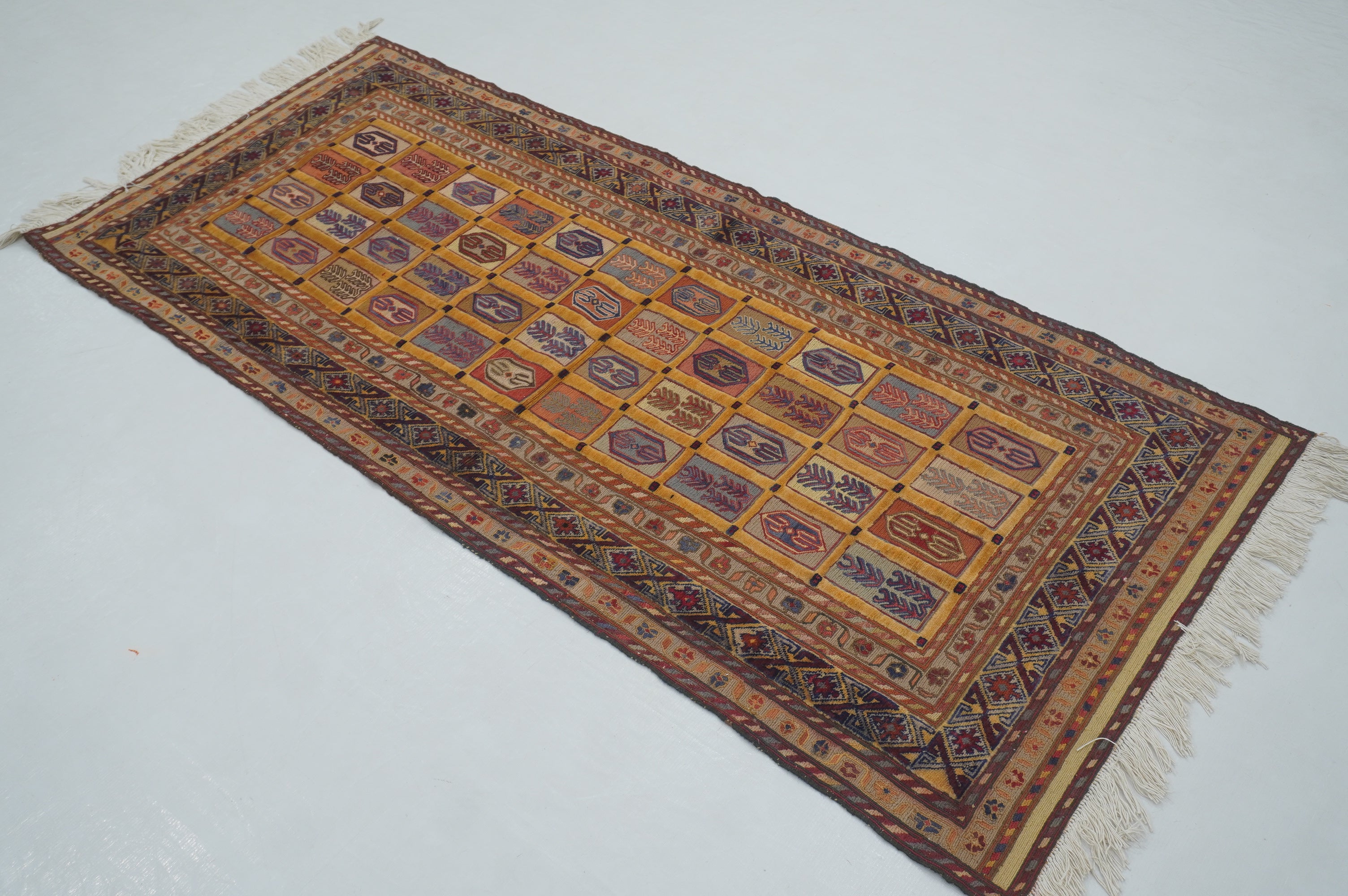 6 ft Gold Vintage Afghan High Low Hand Knotted / Woven Barjesta Kilim Runner Rug - Yildiz Rugs