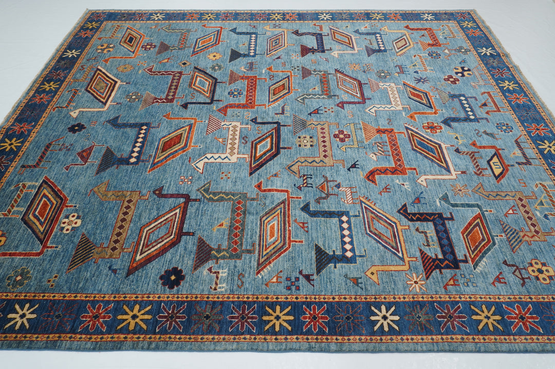 8x10 Blue Animal Gabbeh Tribal Afghan Nomadic Hand Knotted Rug - Yildiz Rugs