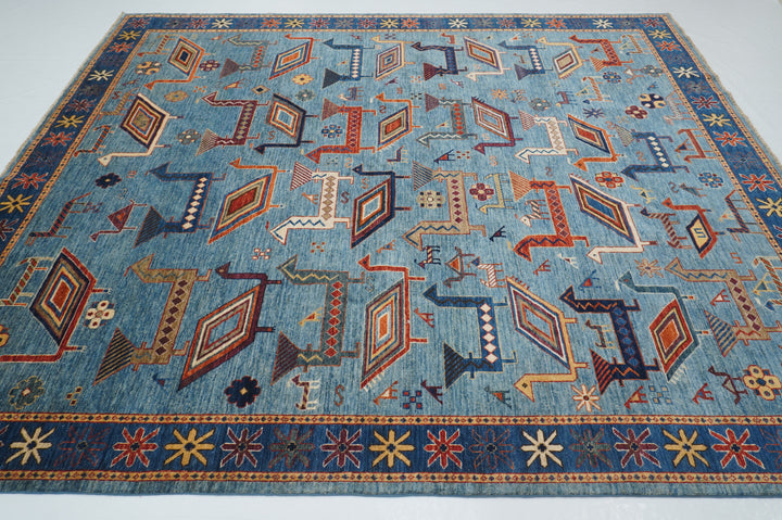 8x10 Blue Animal Gabbeh Tribal Afghan Nomadic Hand Knotted Rug - Yildiz Rugs