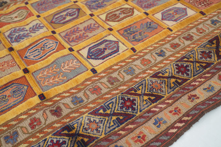 6 ft Gold Vintage Afghan High Low Hand Knotted / Woven Barjesta Kilim Runner Rug