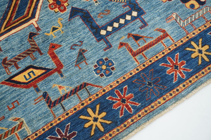 8x10 Blue Animal Gabbeh Tribal Afghan Nomadic Hand Knotted Rug - Yildiz Rugs