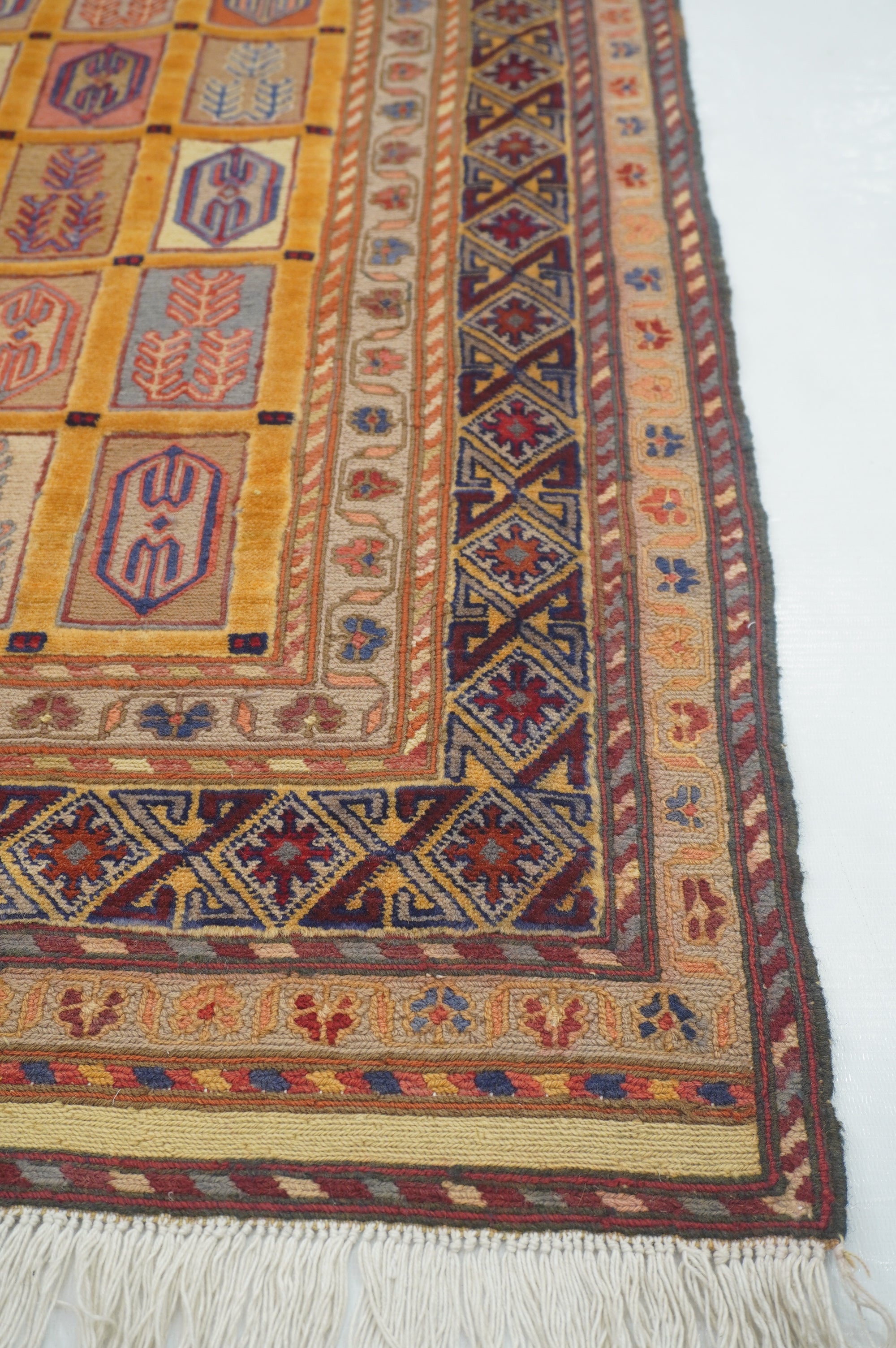 6 ft Gold Vintage Afghan High Low Hand Knotted / Woven Barjesta Kilim Runner Rug - Yildiz Rugs