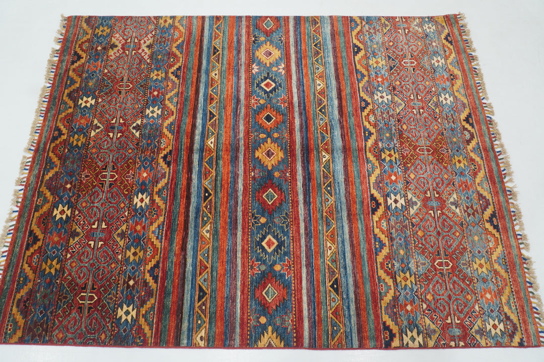 5x7 Red Afghan Afghan Hand knotted Geometric Tribal Rug - Yildiz Rugs