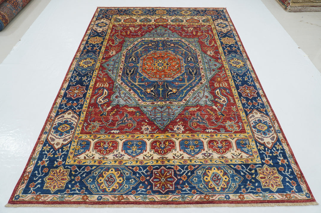 6x9 Red Blue Mamluk Turkish Hand knotted Geometric Medallion Rug - Yildiz Rugs