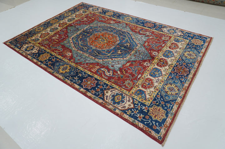 6x9 Red Blue Mamluk Turkish Hand knotted Geometric Medallion Rug - Yildiz Rugs