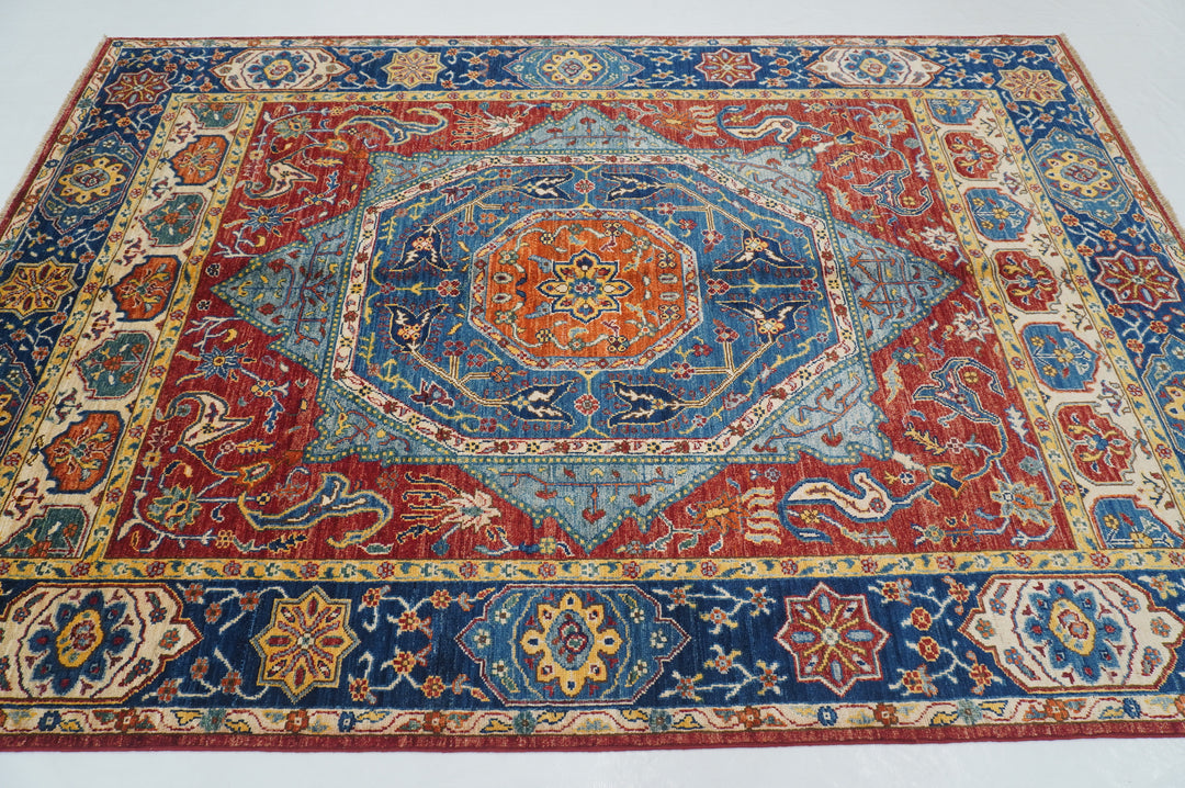 6x9 Red Blue Mamluk Turkish Hand knotted Geometric Medallion Rug - Yildiz Rugs