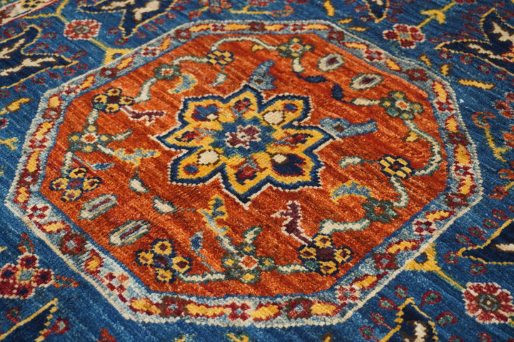 6x9 Red Blue Mamluk Turkish Hand knotted Geometric Medallion Rug - Yildiz Rugs