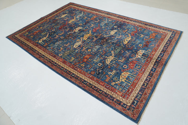 6x9 Navy Blue Tribal Gabbeh Nomadic Afghan Hand knotted Camel Animal Rug - Yildiz Rugs