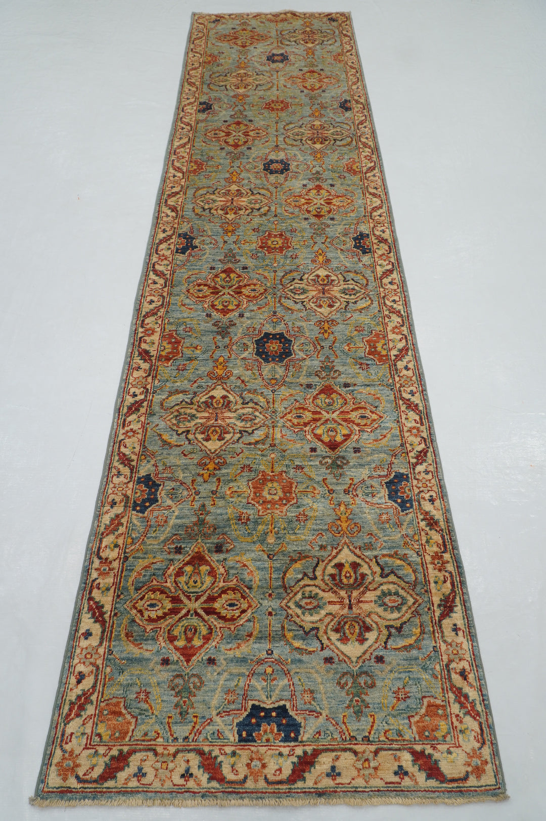 12 ft Blue Serapi Afghan Hand knotted Geometric Long Runner Rug - Yildiz Rugs