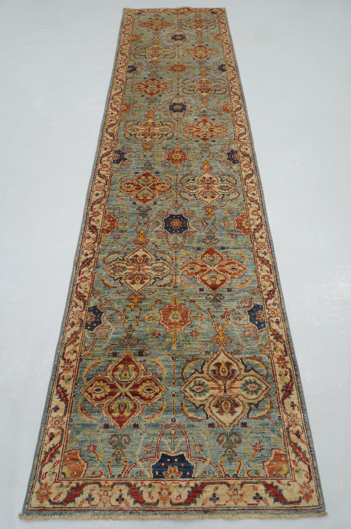 12 ft Blue Serapi Afghan Hand knotted Geometric Long Runner Rug - Yildiz Rugs