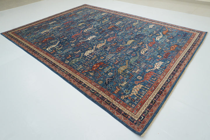 9x12 Blue Tribal Gabbeh Hand-Knotted Afghan Wool Animal Rug - Yildiz Rugs