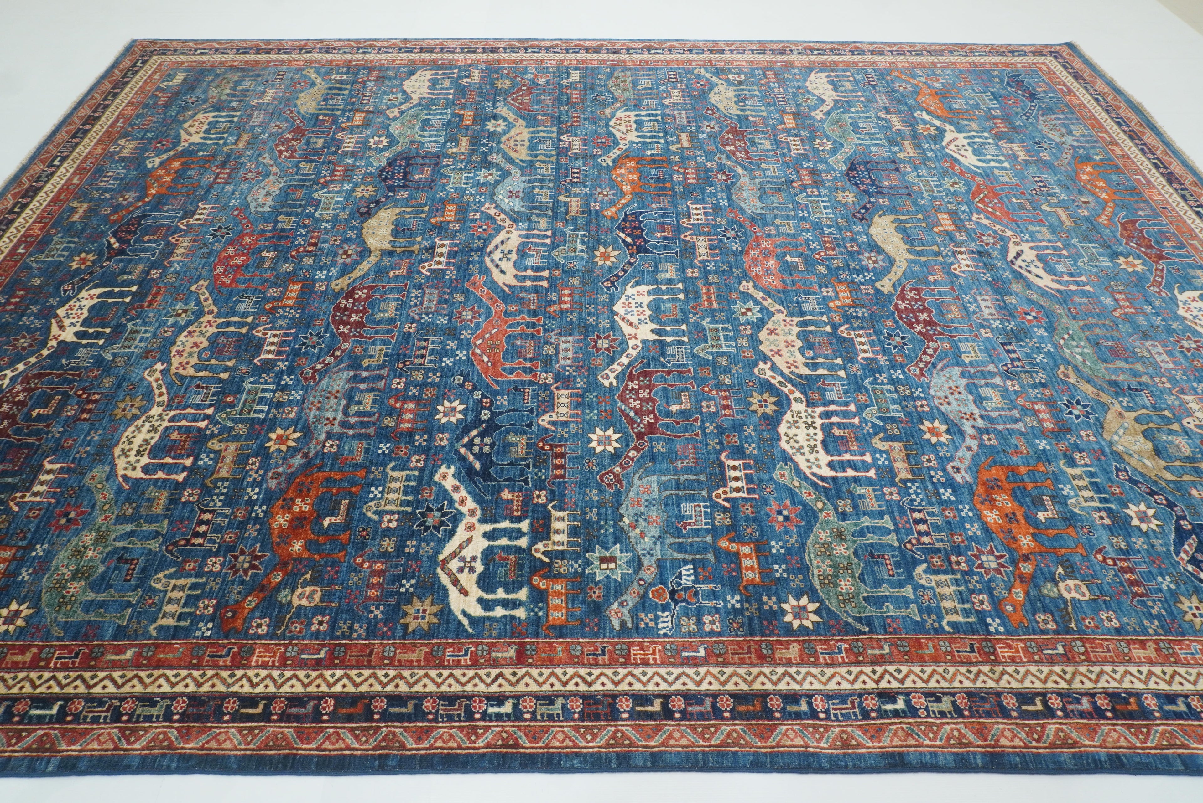 9x12 Blue Tribal Gabbeh Hand-Knotted Afghan Wool Animal Rug - Yildiz Rugs
