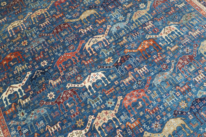 9x12 Blue Tribal Gabbeh Hand-Knotted Afghan Wool Animal Rug - Yildiz Rugs