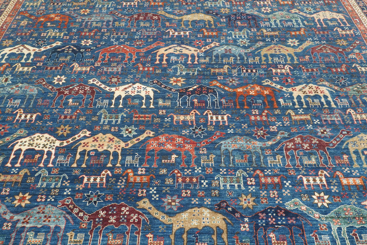 9x12 Blue Tribal Gabbeh Hand-Knotted Afghan Wool Animal Rug - Yildiz Rugs