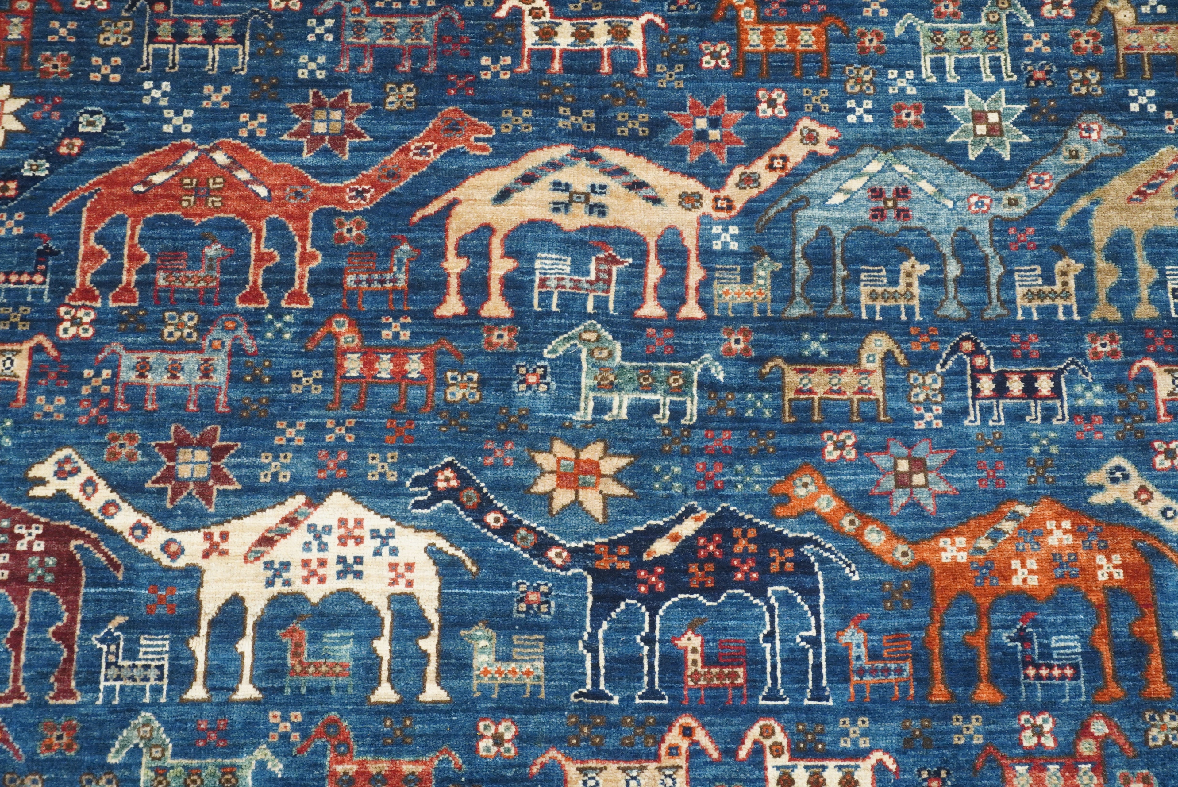 9x12 Blue Tribal Gabbeh Hand-Knotted Afghan Wool Animal Rug - Yildiz Rugs