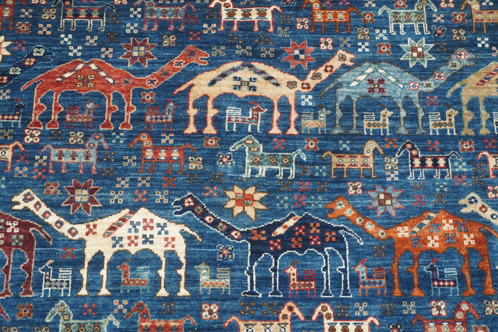 9x12 Blue Tribal Gabbeh Hand-Knotted Afghan Wool Animal Rug - Yildiz Rugs