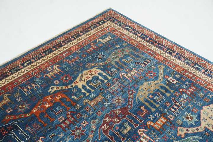 9x12 Blue Tribal Gabbeh Hand-Knotted Afghan Wool Animal Rug - Yildiz Rugs