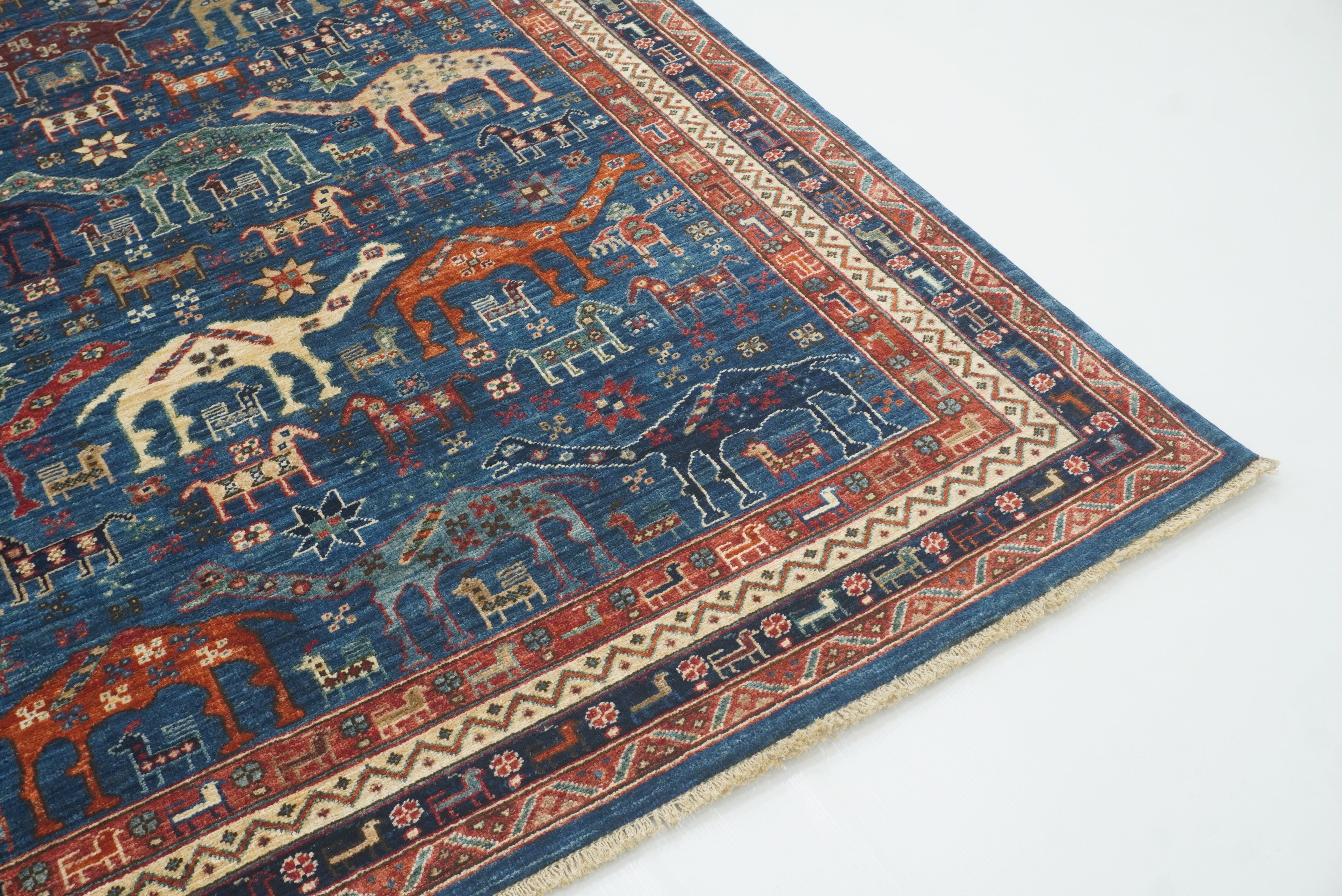9x12 Blue Tribal Gabbeh Hand-Knotted Afghan Wool Animal Rug - Yildiz Rugs