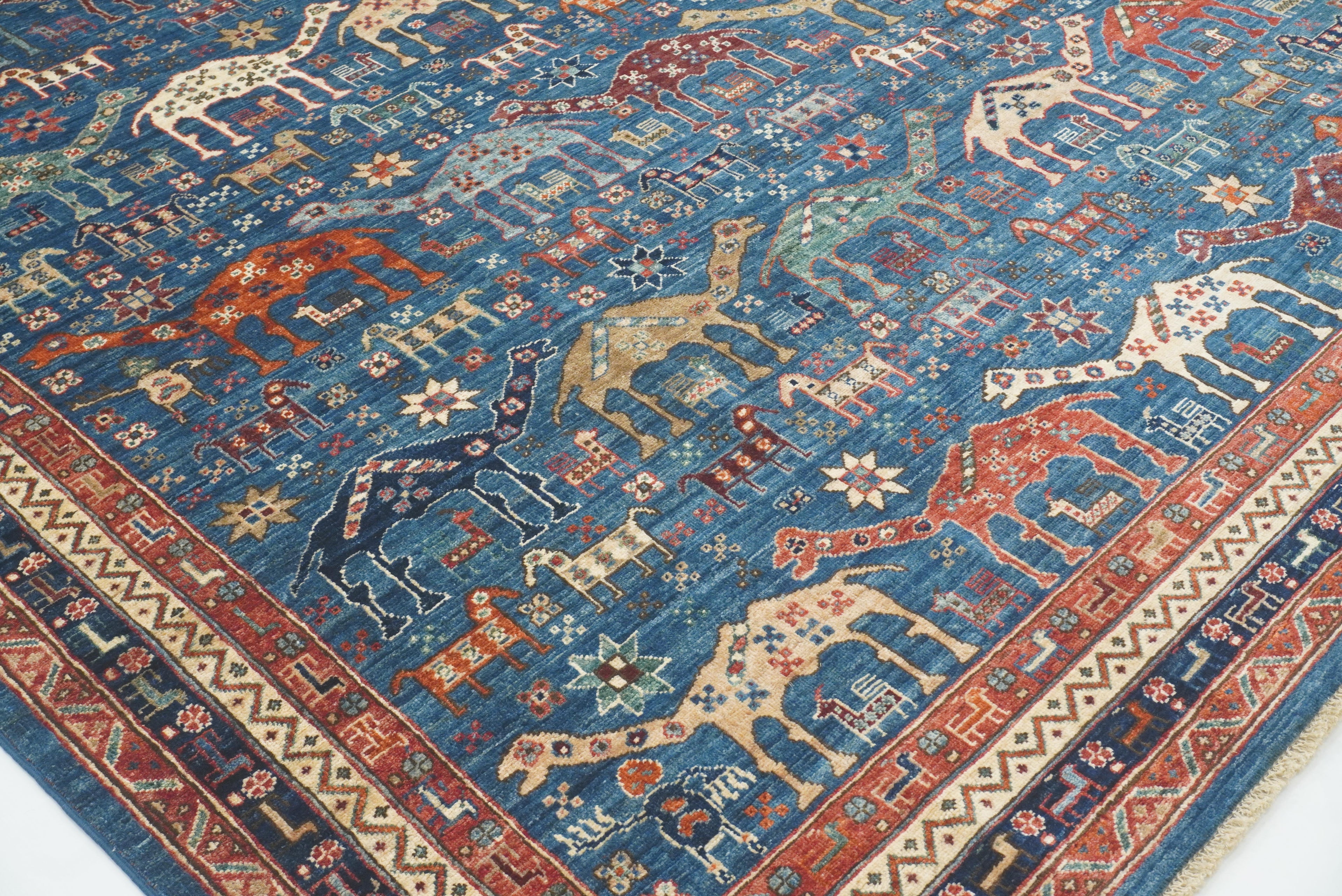9x12 Blue Tribal Gabbeh Hand-Knotted Afghan Wool Animal Rug - Yildiz Rugs