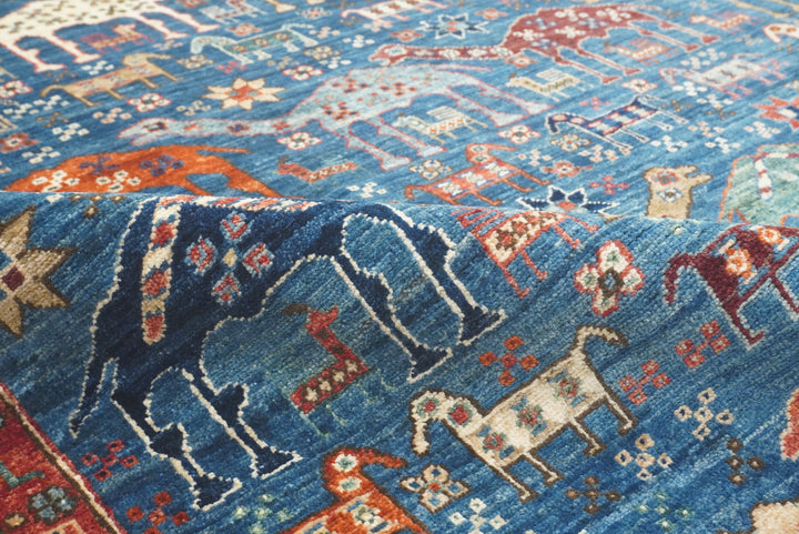 9x12 Blue Tribal Gabbeh Hand-Knotted Afghan Wool Animal Rug - Yildiz Rugs