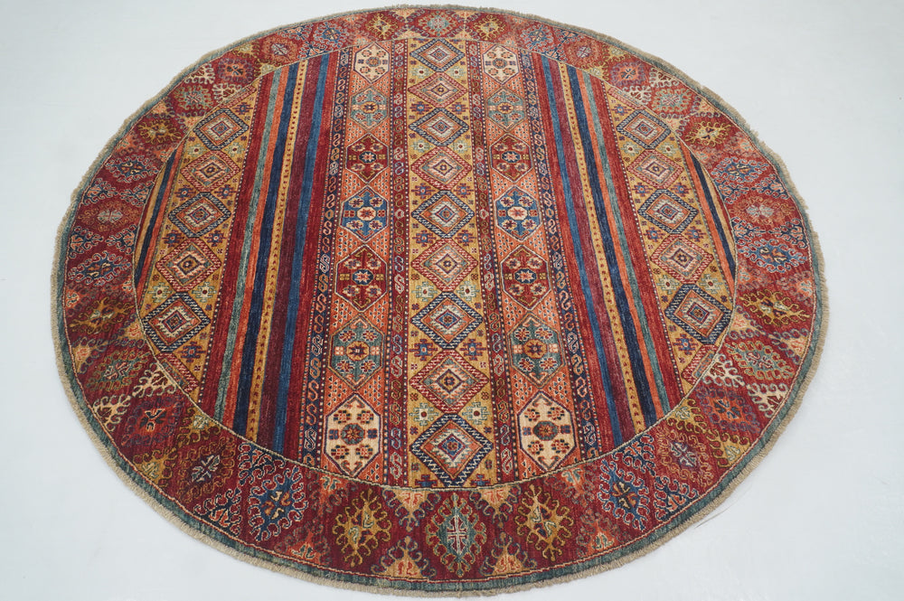 7x7 Red Round Afghan Hand knotted Wool Tribal Circle Rug - Yildiz Rugs