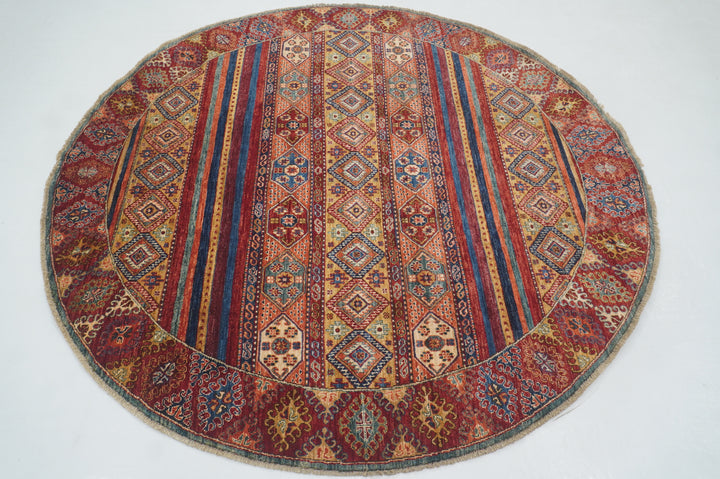 7x7 Red Round Afghan Hand knotted Wool Tribal Circle Rug - Yildiz Rugs