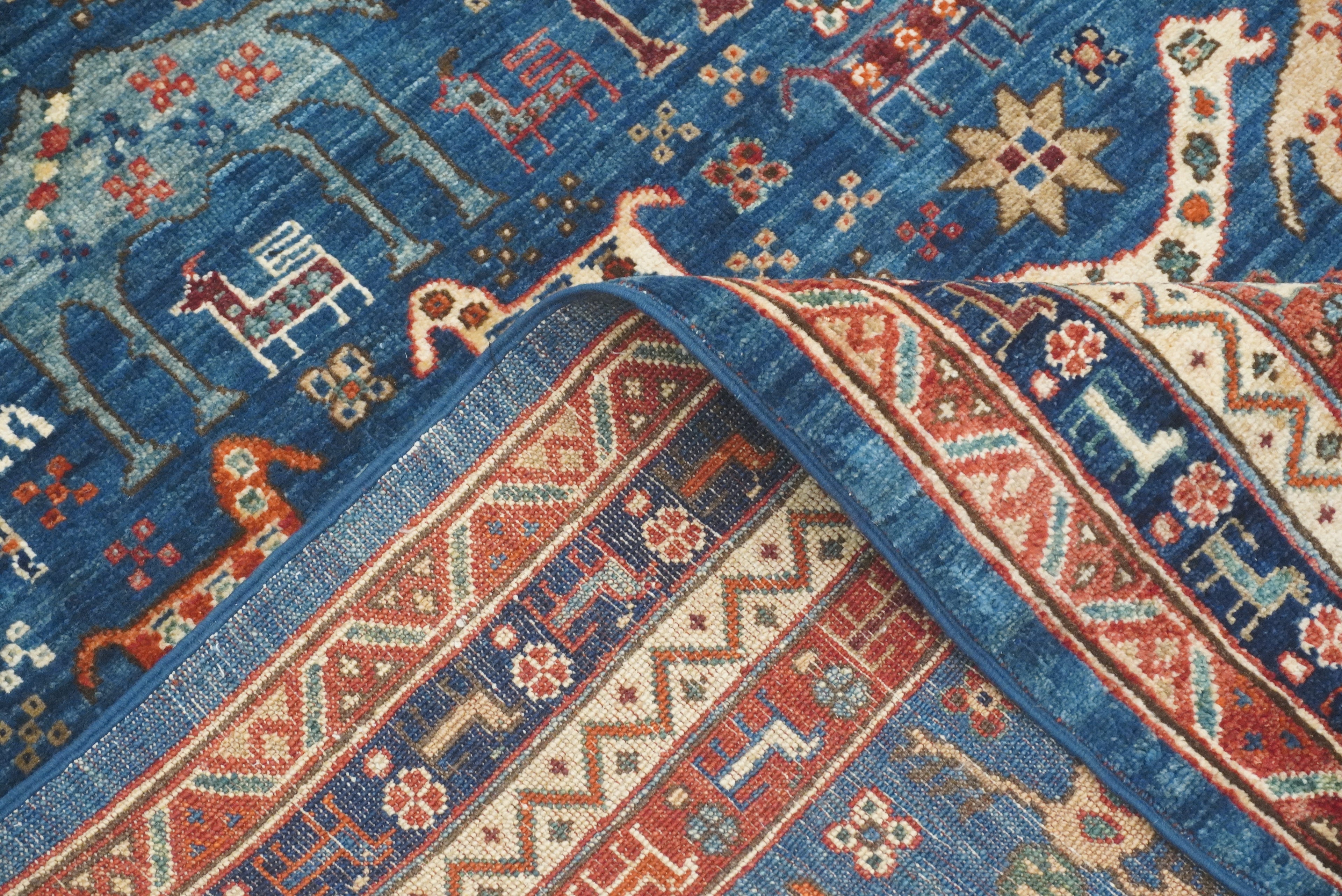 9x12 Blue Tribal Gabbeh Hand-Knotted Afghan Wool Animal Rug - Yildiz Rugs