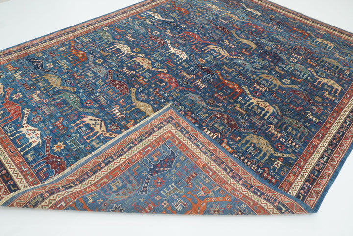 9x12 Blue Tribal Gabbeh Hand-Knotted Afghan Wool Animal Rug - Yildiz Rugs