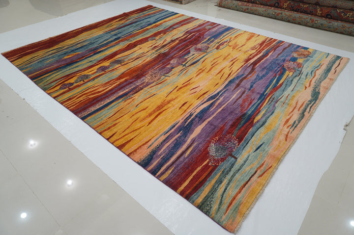 9x12 Multicolor Gabbeh Hazy sunset landscape trees Afghan Hand knotted Rug - Yildiz Rugs