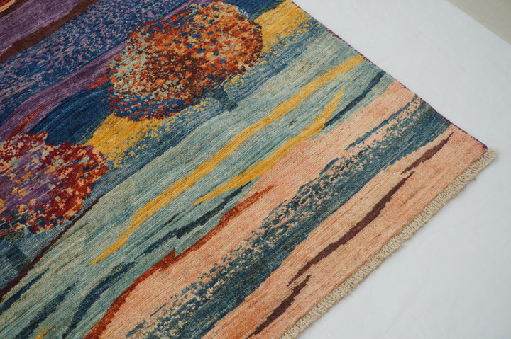 9x12 Multicolor Gabbeh Hazy sunset landscape trees Afghan Hand knotted Rug - Yildiz Rugs