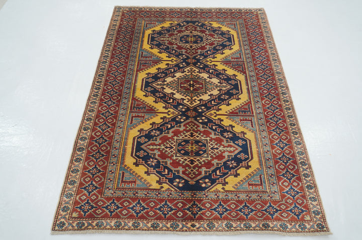 4x6 Navy Blue Red Afghan Shirvan Vintage Caucasian Hand knotted Rug