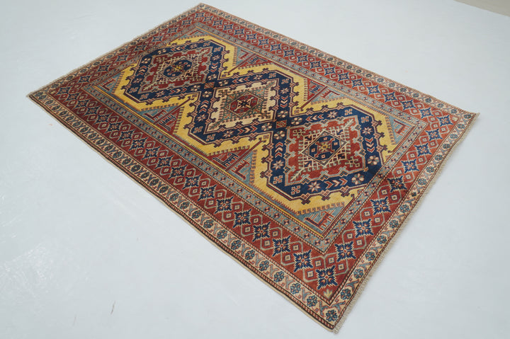 4x6 Navy Blue Red Afghan Shirvan Vintage Caucasian Hand knotted Rug