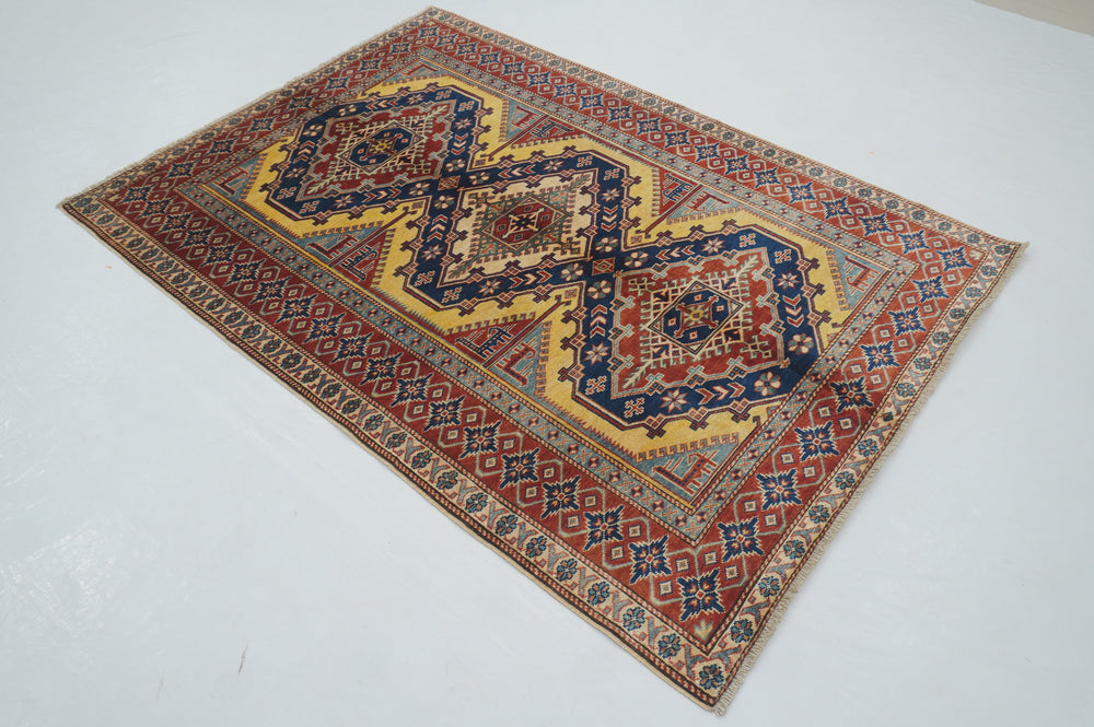 4x6 Navy Blue Red Afghan Shirvan Vintage Caucasian Hand knotted Rug - Yildiz Rugs