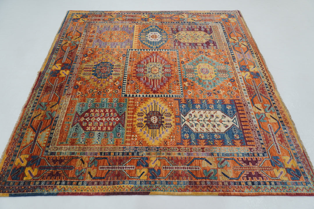 6x6 Orange Baluch Square Afghan Hand knotted Wool Square Rug - Yildiz Rugs