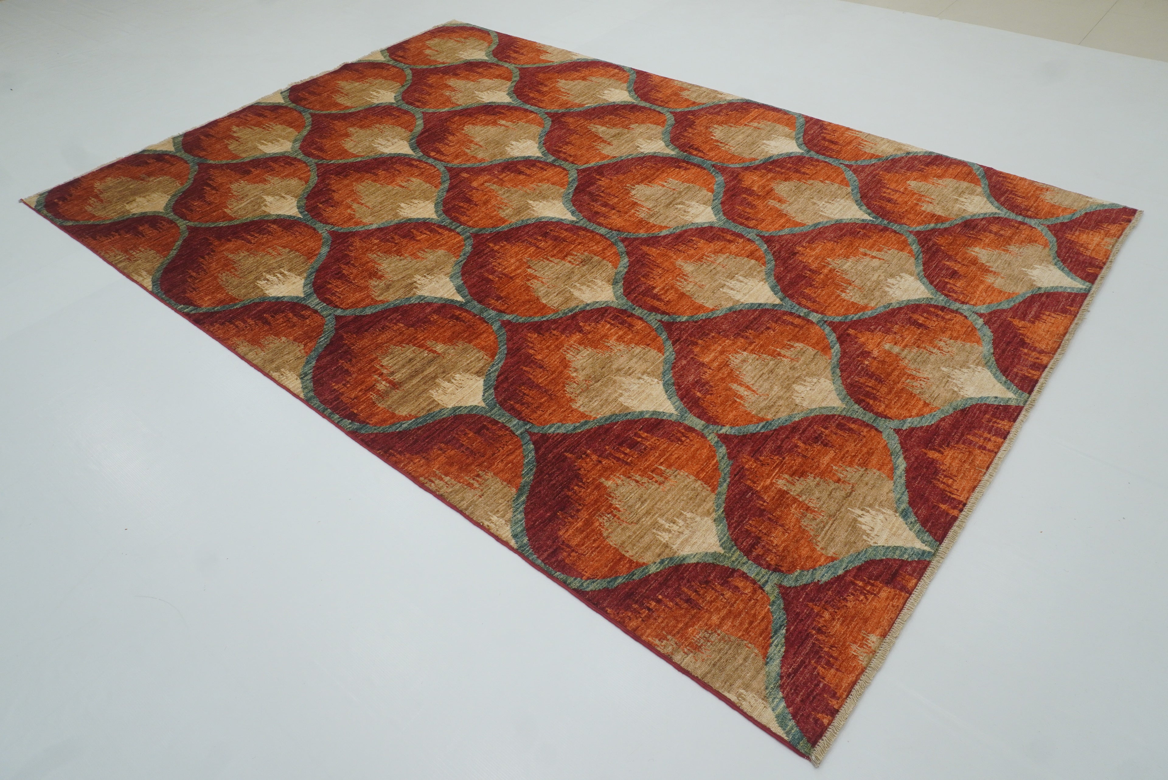 6'8"x9'8" Rust Orange Ikat Afghan Hand-Knotted Wool Rug - Yildiz Rugs