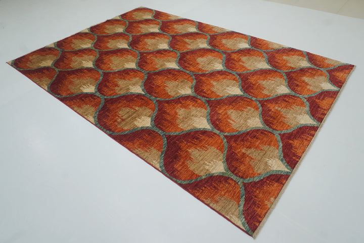 6'8"x9'8" Rust Orange Ikat Afghan Hand-Knotted Wool Rug - Yildiz Rugs