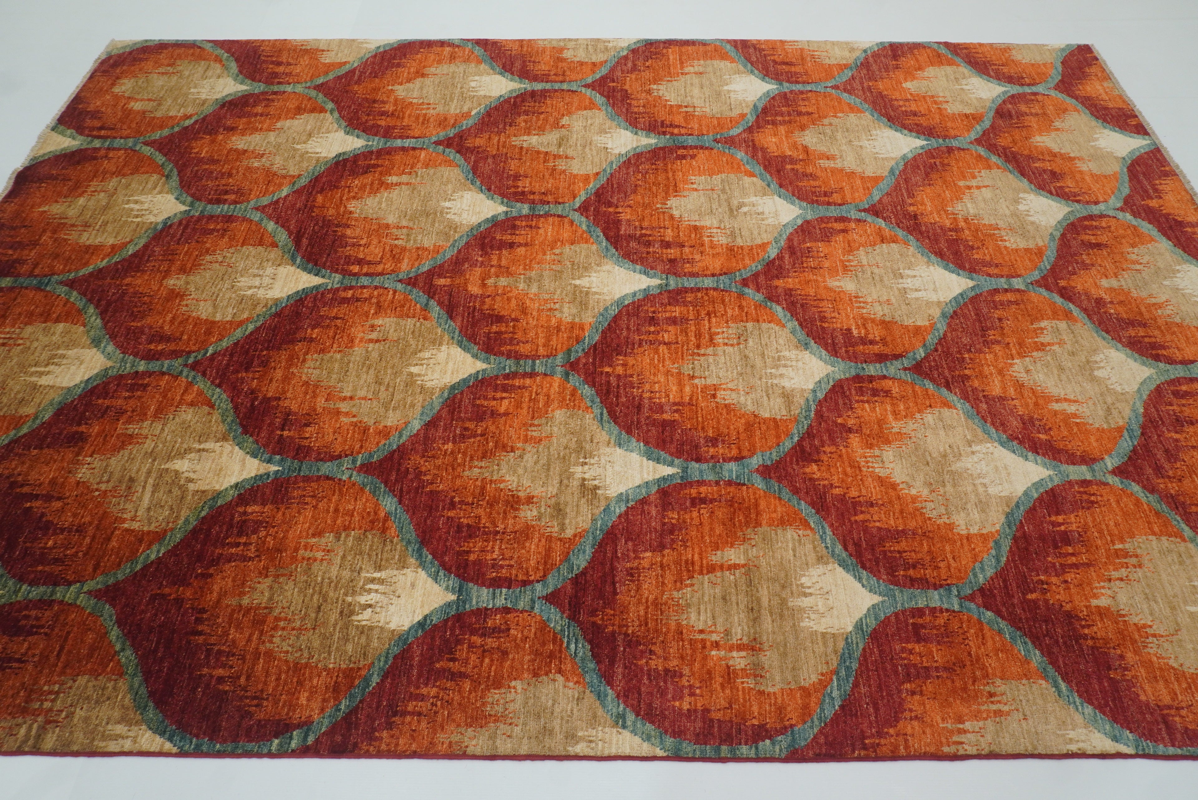 6'8"x9'8" Rust Orange Ikat Afghan Hand-Knotted Wool Rug - Yildiz Rugs