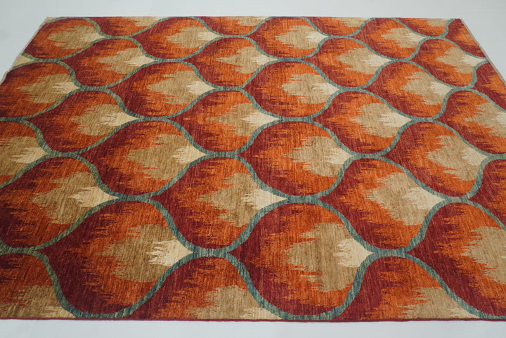 6'8"x9'8" Rust Orange Ikat Afghan Hand-Knotted Wool Rug - Yildiz Rugs