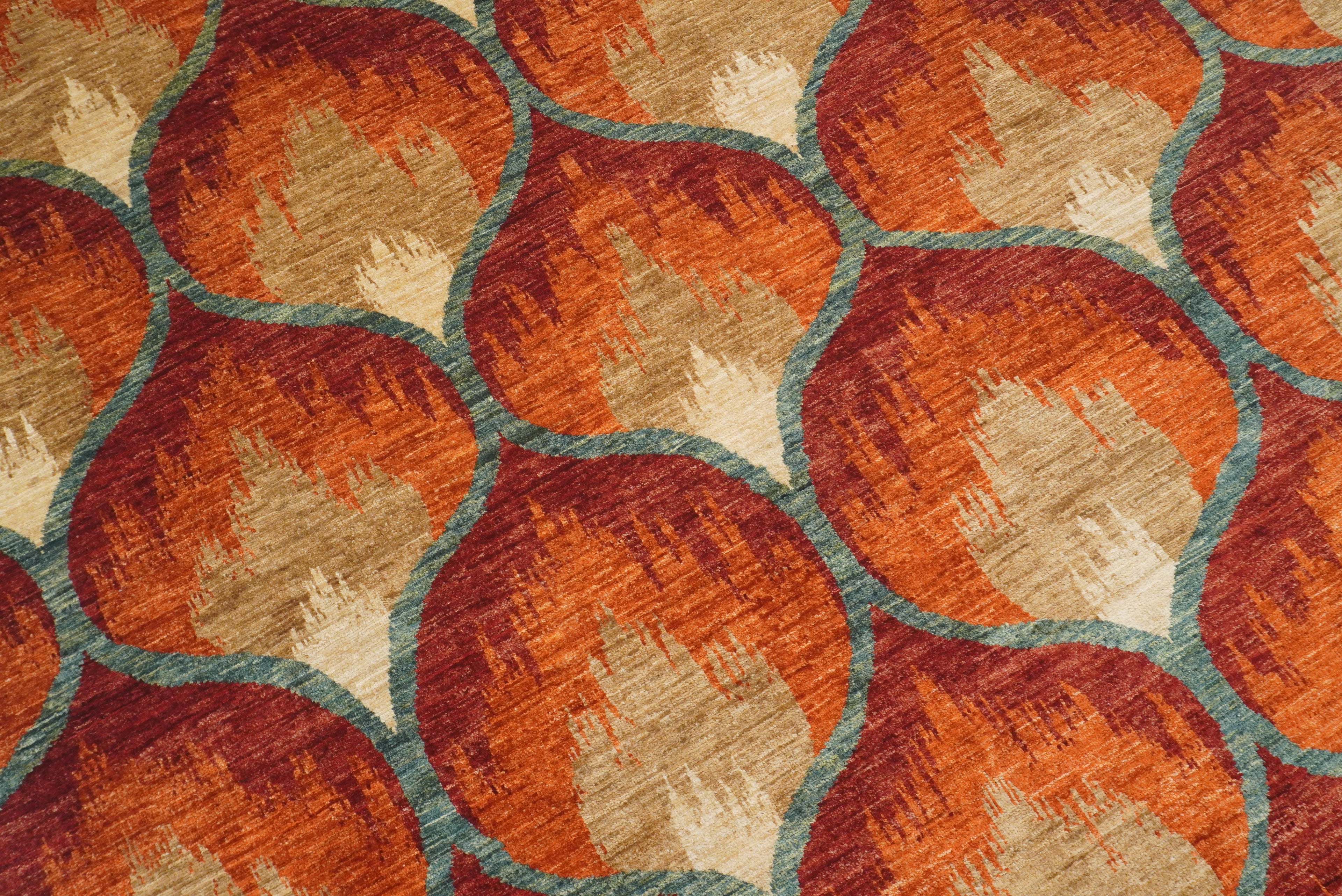 6'8"x9'8" Rust Orange Ikat Afghan Hand-Knotted Wool Rug - Yildiz Rugs