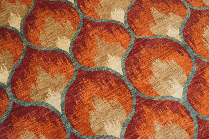 6'8"x9'8" Rust Orange Ikat Afghan Hand-Knotted Wool Rug - Yildiz Rugs