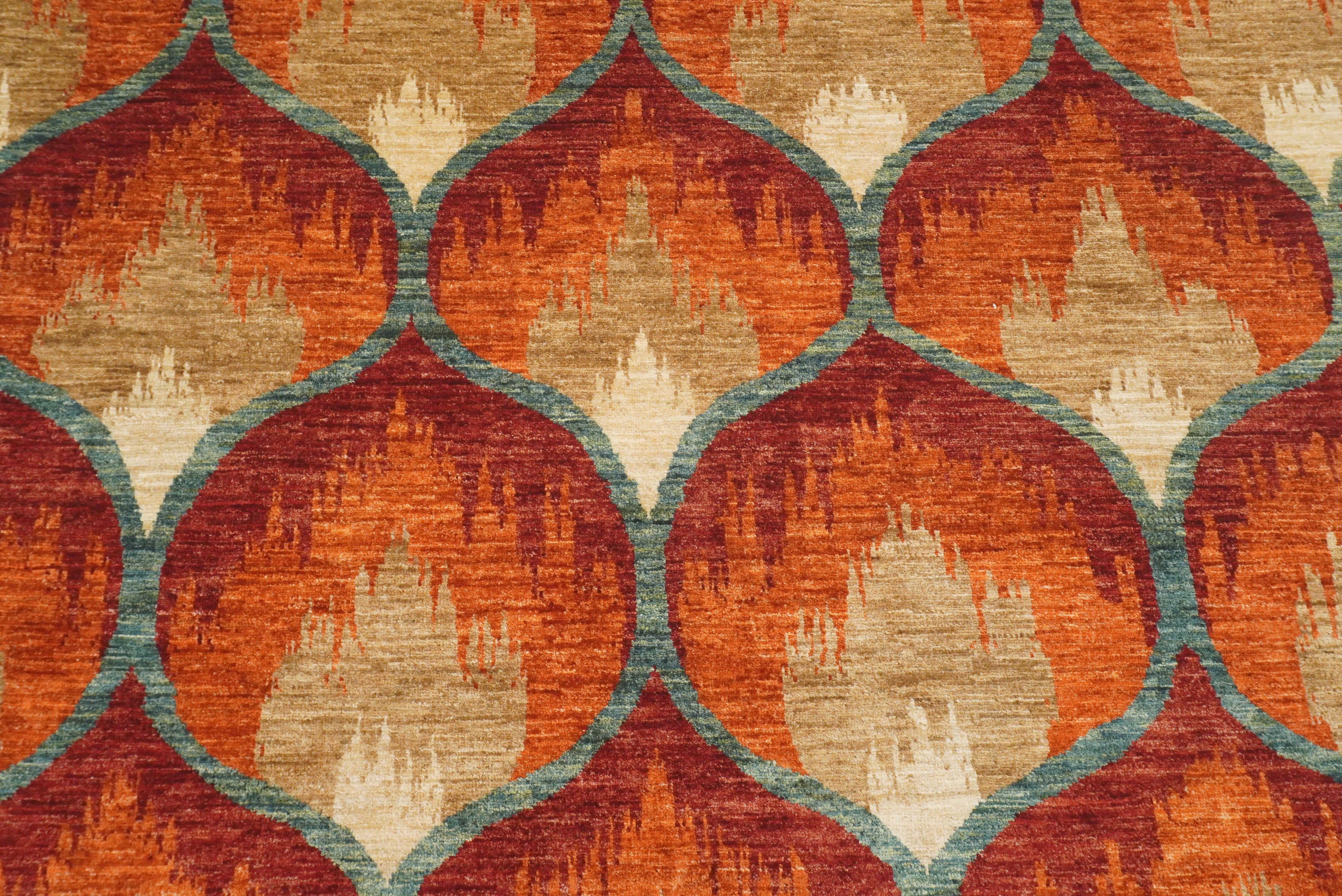 6'8"x9'8" Rust Orange Ikat Afghan Hand-Knotted Wool Rug - Yildiz Rugs