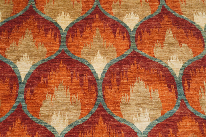 6'8"x9'8" Rust Orange Ikat Afghan Hand-Knotted Wool Rug - Yildiz Rugs