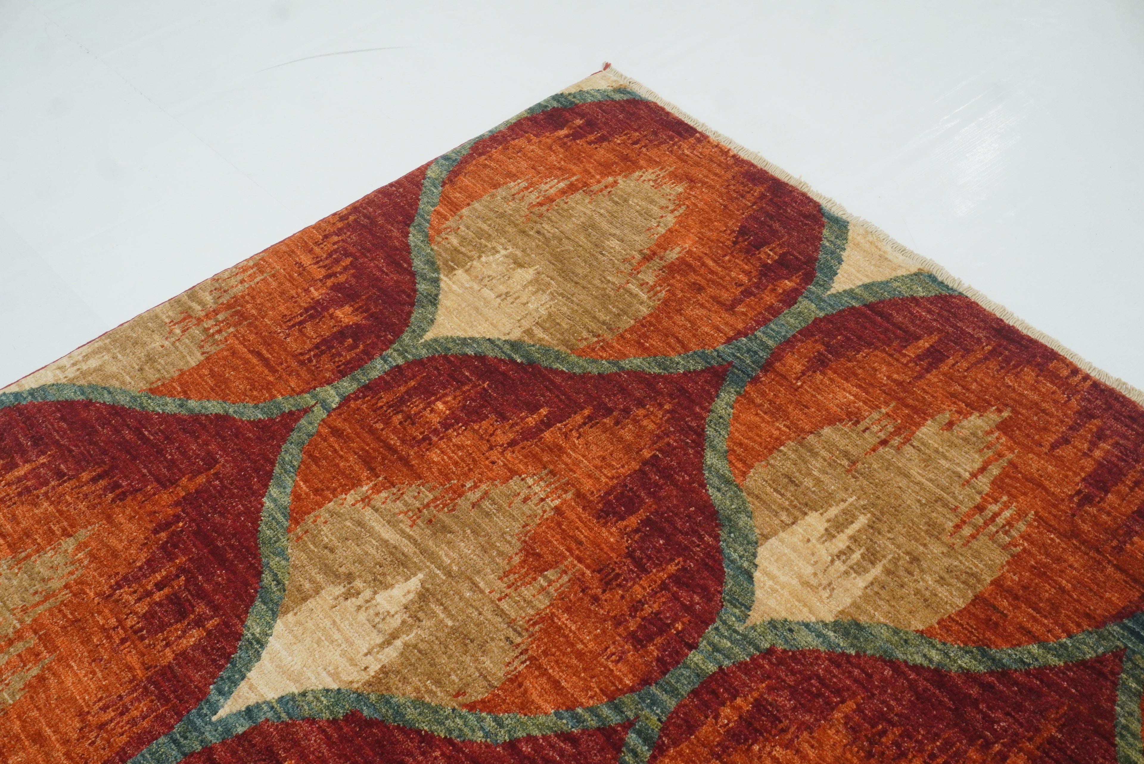 6'8"x9'8" Rust Orange Ikat Afghan Hand-Knotted Wool Rug - Yildiz Rugs