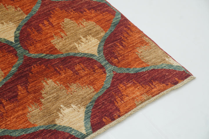 6'8"x9'8" Rust Orange Ikat Afghan Hand-Knotted Wool Rug - Yildiz Rugs