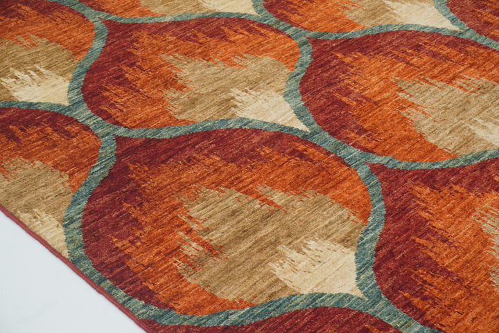 6'8"x9'8" Rust Orange Ikat Afghan Hand-Knotted Wool Rug - Yildiz Rugs