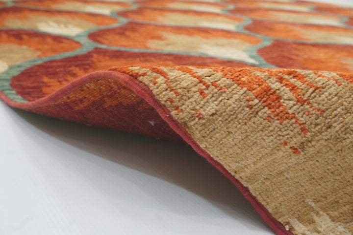 6'8"x9'8" Rust Orange Ikat Afghan Hand-Knotted Wool Rug - Yildiz Rugs