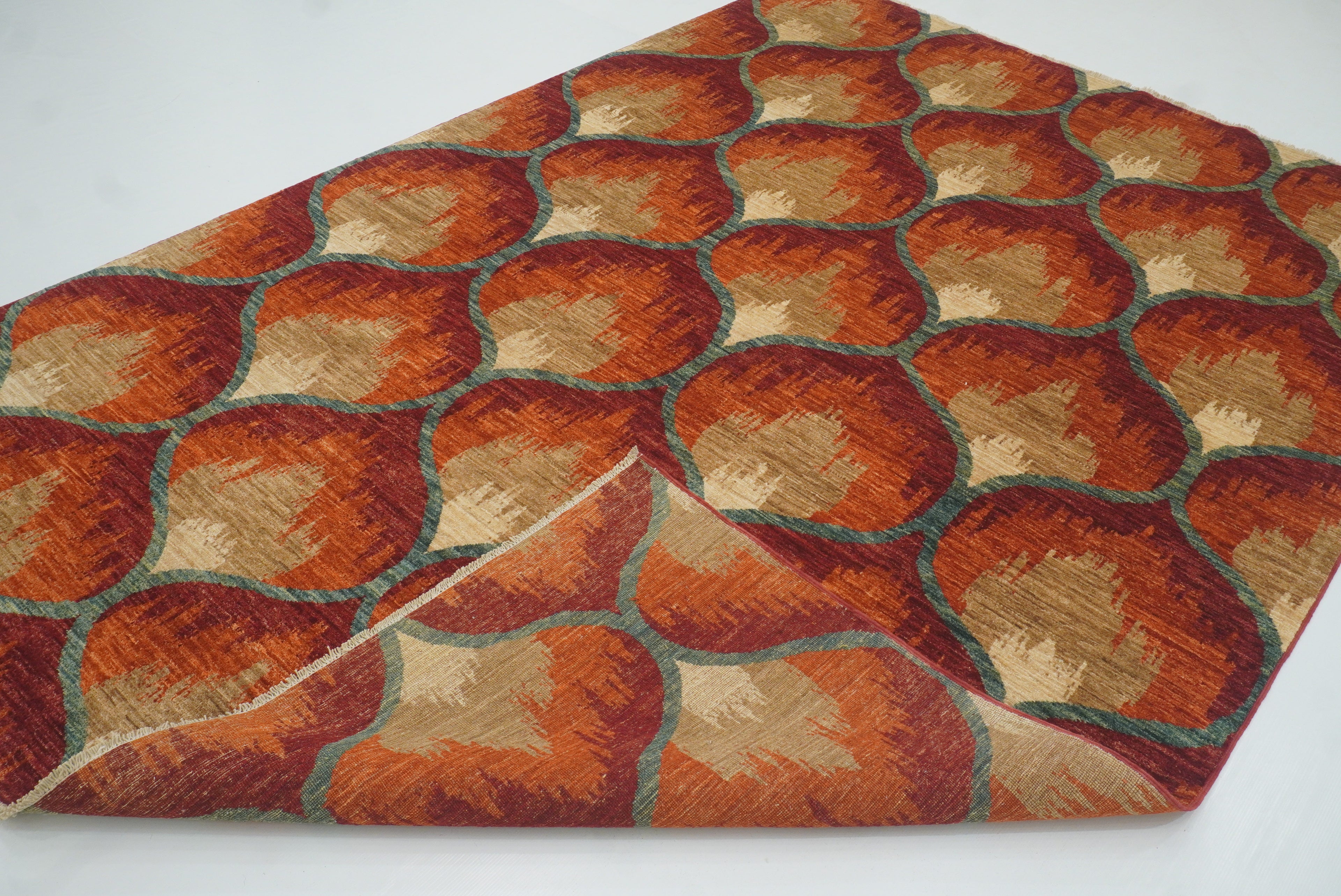6'8"x9'8" Rust Orange Ikat Afghan Hand-Knotted Wool Rug - Yildiz Rugs