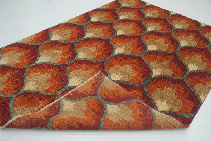 6'8"x9'8" Rust Orange Ikat Afghan Hand-Knotted Wool Rug - Yildiz Rugs