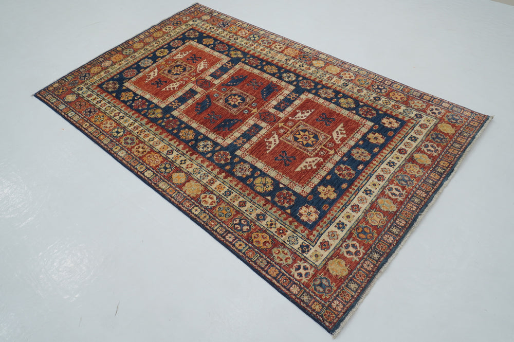 4x6 Red Navy Blue Vintage Shirvan Afghan Hand knotted Oriental rug - Yildiz Rugs