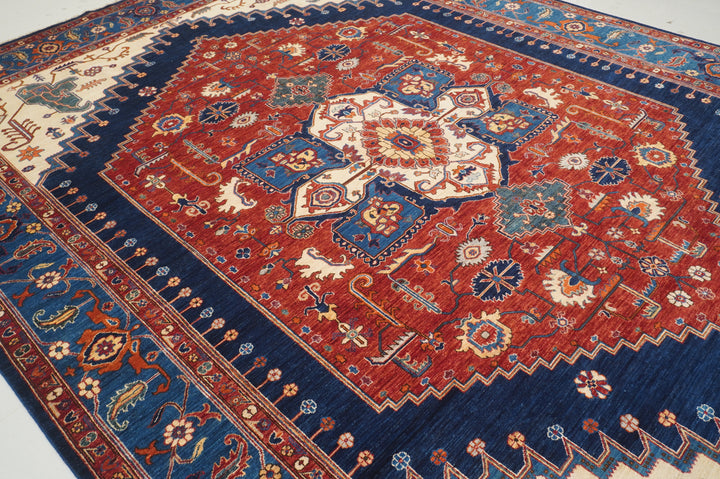 10x14 Red Navy Blue Beige Serapi Afghan Hand knotted Medallion Oriental Rug - Yildiz Rugs